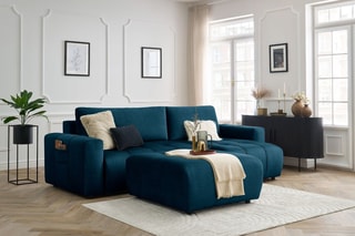 Canapé d'angle réversible convertible avec pouf Arsene - Bleu - Couchage 135 x 232 cm
