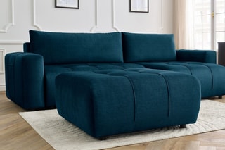 Canapé d'angle réversible convertible avec pouf Arsene - Bleu - Couchage 135 x 232 cm