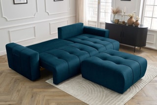 Canapé d'angle réversible convertible avec pouf Arsene - Bleu - Couchage 135 x 232 cm