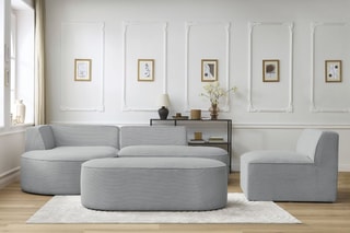 Canapé d'angle gauche modulable, chauffeuse et pouf  Rousseau - Gris clair