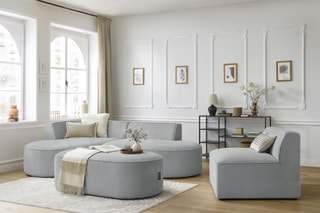 Canapé d'angle gauche modulable, chauffeuse et pouf  Rousseau - Gris clair