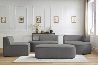Canapé d'angle droit modulable avec chauffeuse et pouf Rousseau - Gris foncé