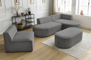 Canapé d'angle droit modulable avec chauffeuse et pouf Rousseau - Gris foncé