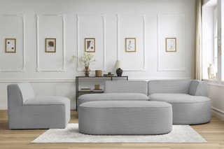 Canapé d'angle droit modulable, chauffeuse et pouf  Rousseau - Gris clair