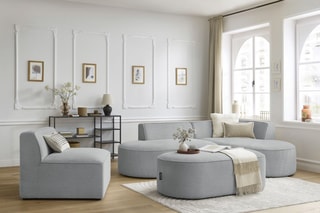 Canapé d'angle droit modulable, chauffeuse et pouf  Rousseau - Gris clair