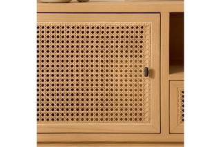 Móvel de TV de 1 porta em madeira de sungkai e vime - 170 x 56,6 x 40 cm