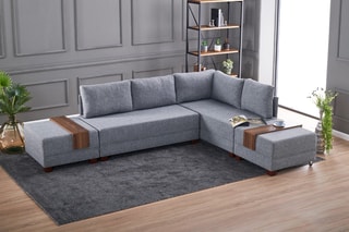 Canapé d'angle droit convertible Fly - Gris et imitation noyer - 4 places