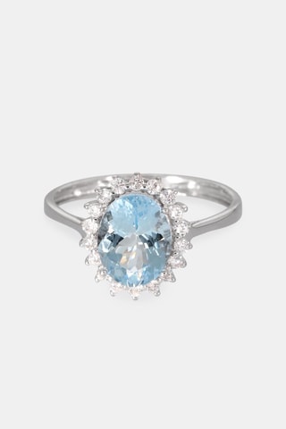 Bague - Or blanc 18 carats, aigue marine et diamants