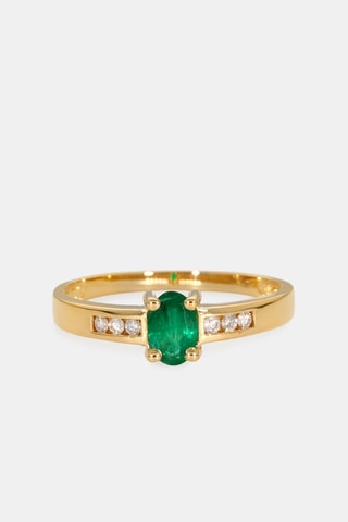 Bague - Or jaune 18 carats, émeraude et diamants