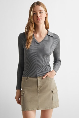 Pull-over maille côtelée col polo - Gris