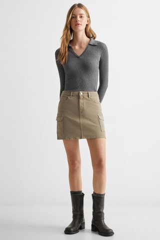 Pull-over maille côtelée col polo - Gris