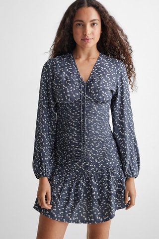Robe fleurie froncée - Bleu marine