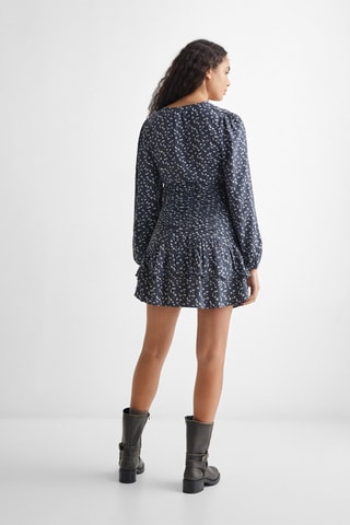 Robe fleurie froncée - Bleu marine