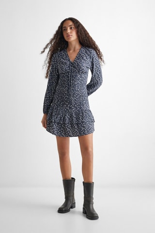 Robe fleurie froncée - Bleu marine