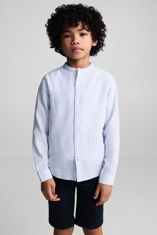 Chemise lin col mao rayures - Bleu clair