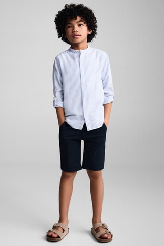 Chemise lin col mao rayures - Bleu clair