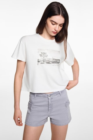 T-shirt crop imprimé - Blanc cassé