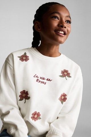 Sweat-shirt broderie florale - Blanc cassé