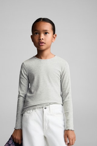 T-shirt côtelé manches longues - Gris clair chiné
