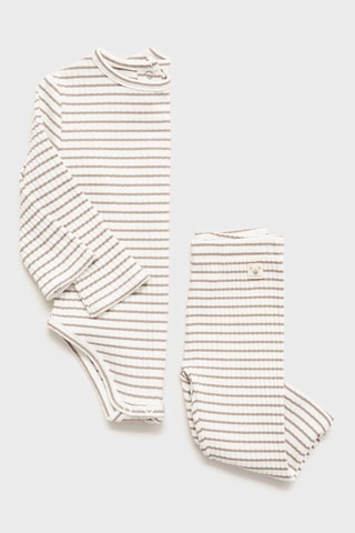 Leggings coton rayures - Ecru et marron