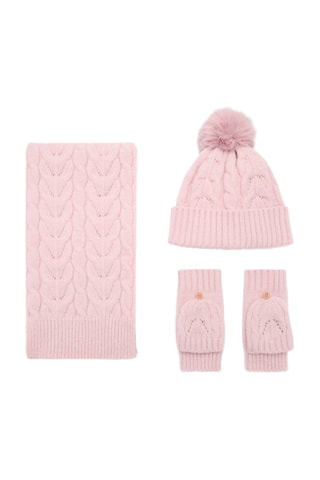 Bonnet maille torsadée pompon - Rose pâle