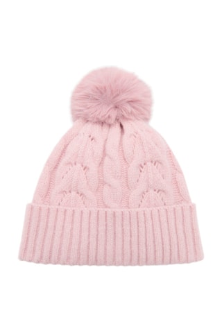 Bonnet maille torsadée pompon - Rose pâle