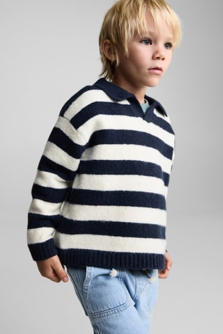 Pull-over rayures col polo - Bleu marine