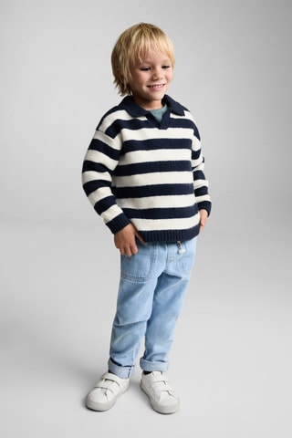 Pull-over rayures col polo - Bleu marine
