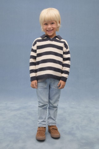 Pull-over rayures col polo - Bleu marine