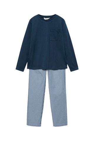 Pyjama long coton rayures - Bleu marine