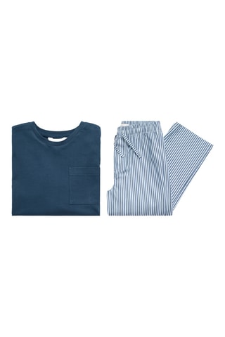 Pyjama long coton rayures - Bleu marine