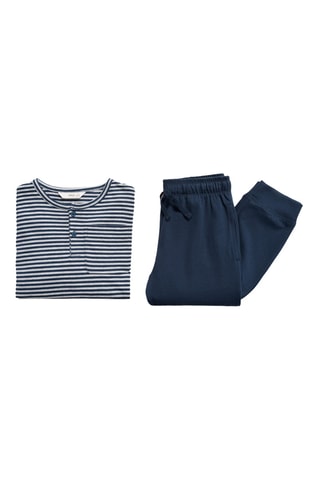 Pyjama long coton rayures - Bleu marine