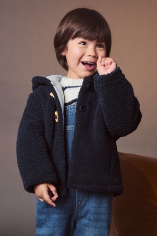 Manteau imitation mouton retourné capuche - Bleu marine
