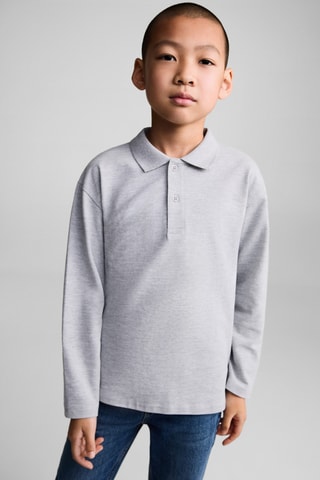 Polo coton à manches longues - Gris chiné