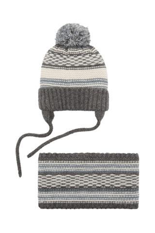 Bonnet maille tricolore pompon - Gris