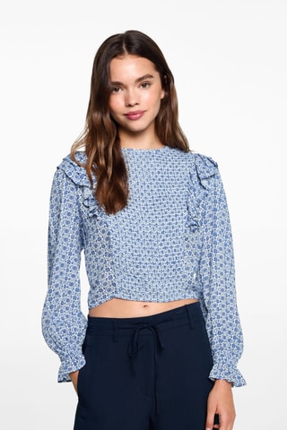 Blouse imprimée à volants - Blanc cassé