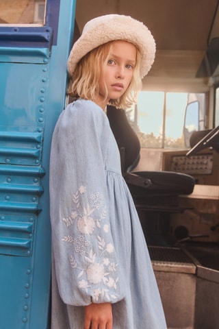 Robe denim broderie florale - Bleu