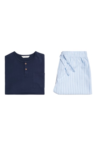 Pyjama court coton rayures - Bleu marine