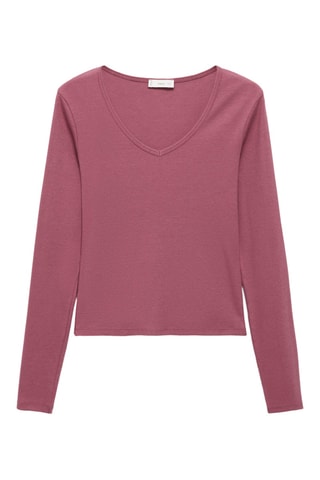 T-shirt manches longues col V - Rose pastel