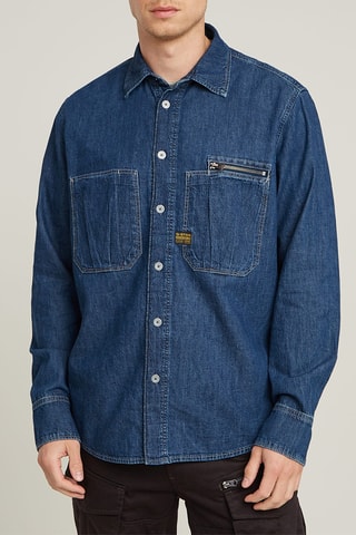 Camisa regular de ganga e algodão biológico Pleated Zip - Azul-escuro