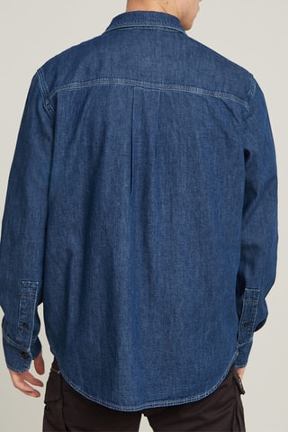 Camisa regular de ganga e algodão biológico Pleated Zip - Azul-escuro