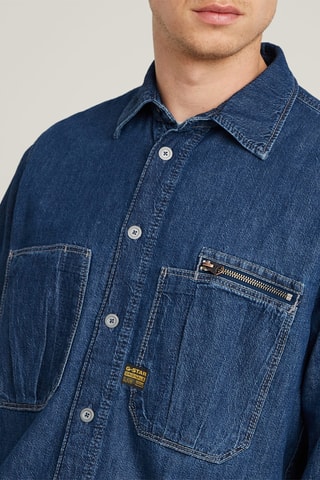 Camisa regular de ganga e algodão biológico Pleated Zip - Azul-escuro