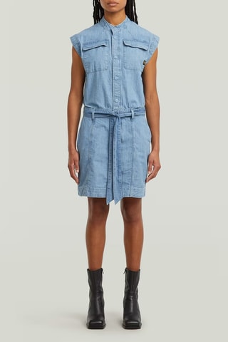 Vestido direito regular de ganga e algodão biológico Pocket - Azul-claro