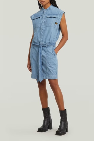 Vestido direito regular de ganga e algodão biológico Pocket - Azul-claro