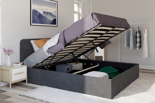 Cama com arrumação e sommier Louise - Cinzento