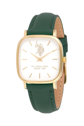 Leren en Doublé Geelgoud Quartz Horloge Groen en Goudkleurig