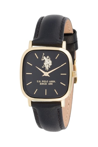 Leren en Doublé Geelgoud Quartz Horloge  Zwart en Goudkleurig