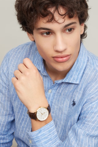 Leren en Doublé Geelgoud Quartz Horloge - Bruin en Goudkleurig