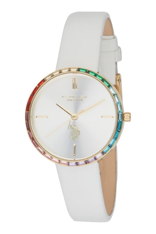 Leren en Doublé Geelgoud Quartz Horloge - Wit en Multicolor