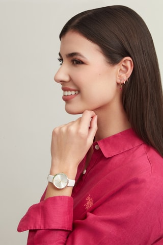 Leren en Doublé Geelgoud Quartz Horloge - Wit en Multicolor